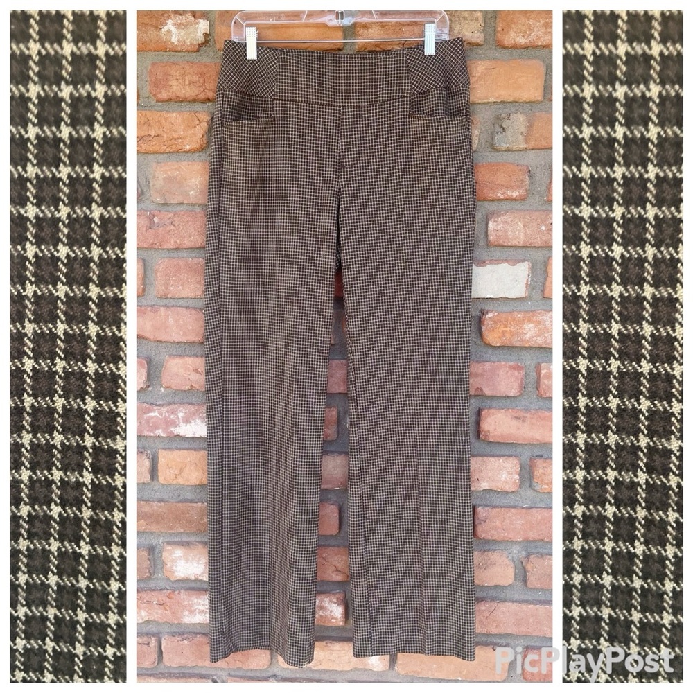 Christopher & Banks Brown Micro-plaid Pull-on Strait Leg Pants Dark Academia - Picture 2 of 10